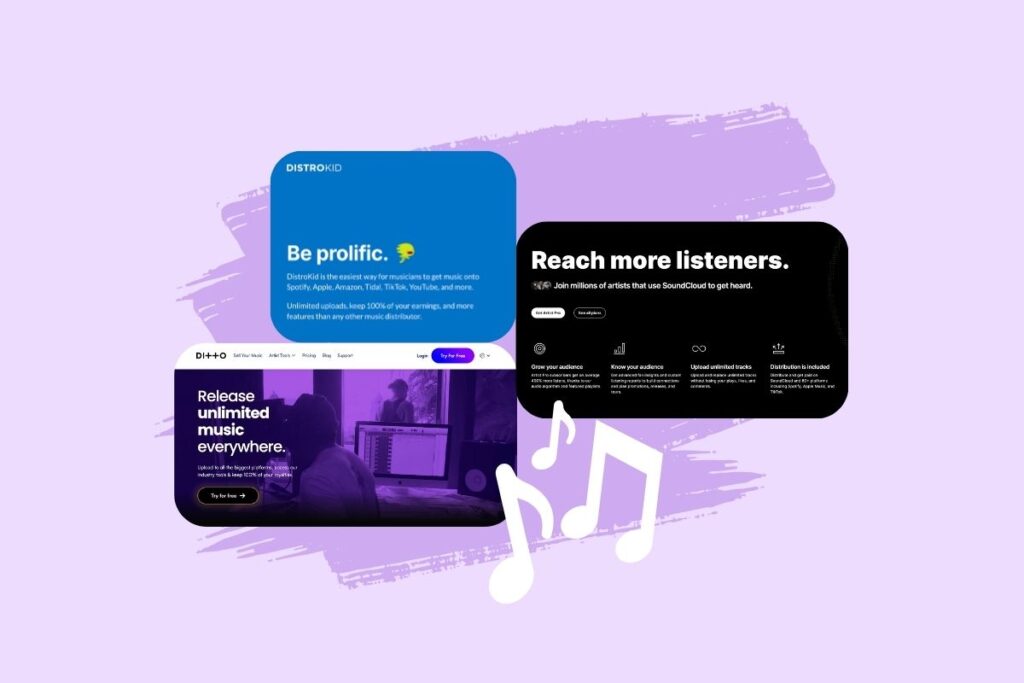A graphic showcasing my top three picks of the best music distributors for indie artists: DistroKid, Ditto and SoundCloud for Artists