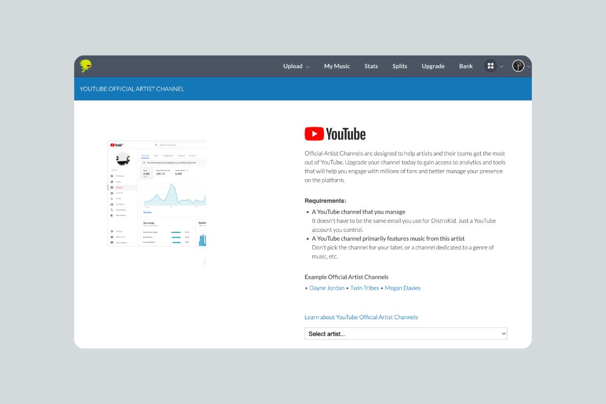 The DistroKid page for requesting an Official Artist Channel on YouTube