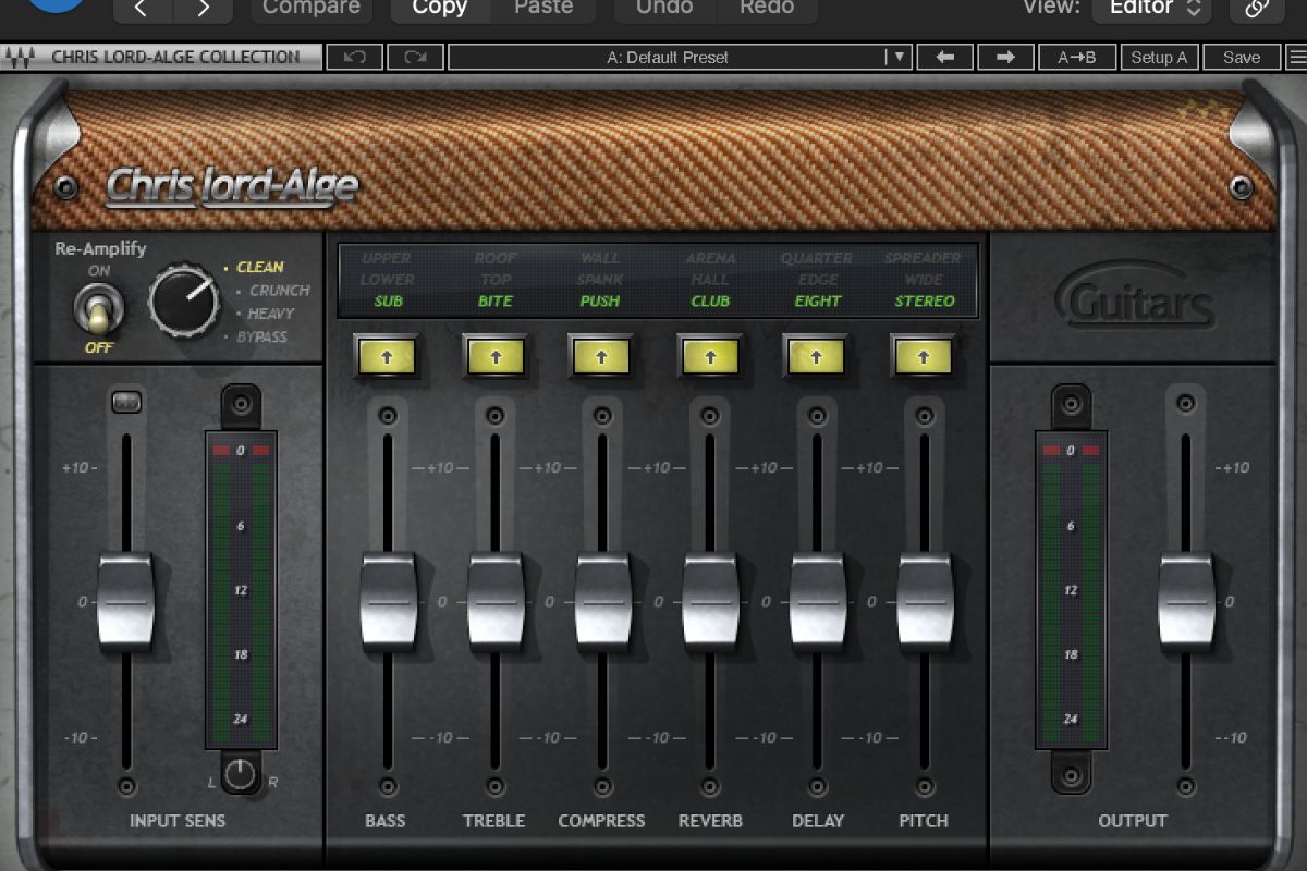 The Waves CLA Guitars interface, with six faders