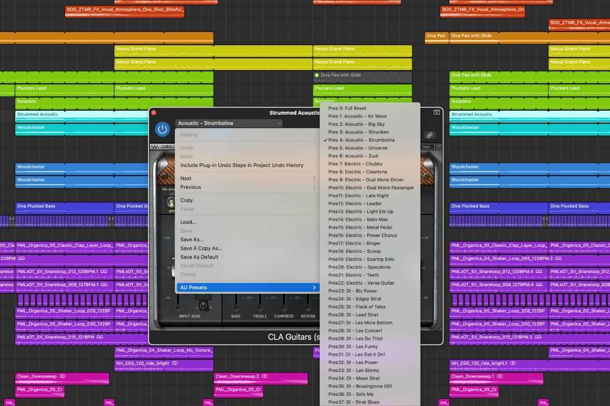 An example list of some of the bundled Waves CLA Guitars presets